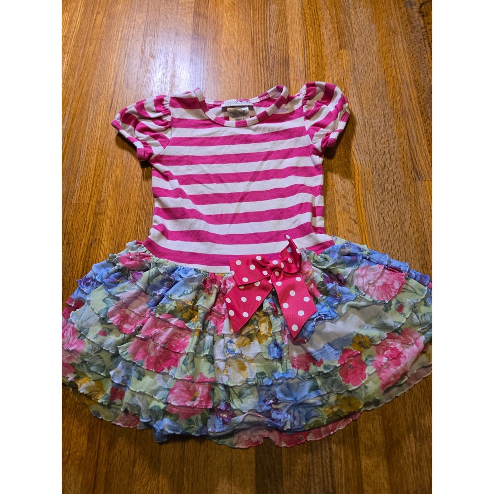 Bonnie Jean Girls 2T Pink Stripe Drop Waist Puff Floral Print Ruffle Skirt Dress